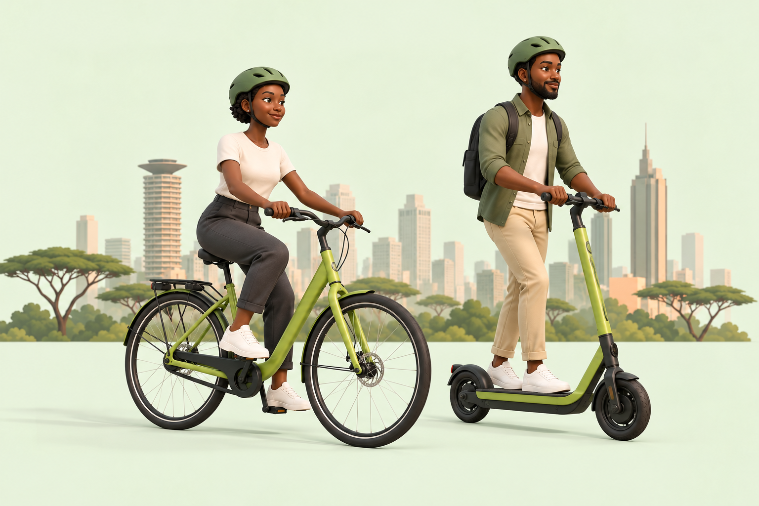 Siaka riders on a bicycle and electric scooter in Nairobi